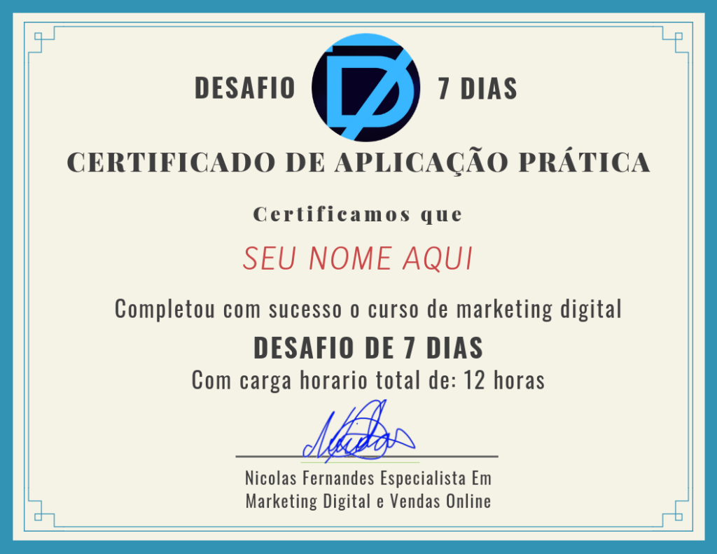 certificado d7d 1024x791 - Curso Método Desafio 7 Dias - Com Nicolas Fernandes Funciona?